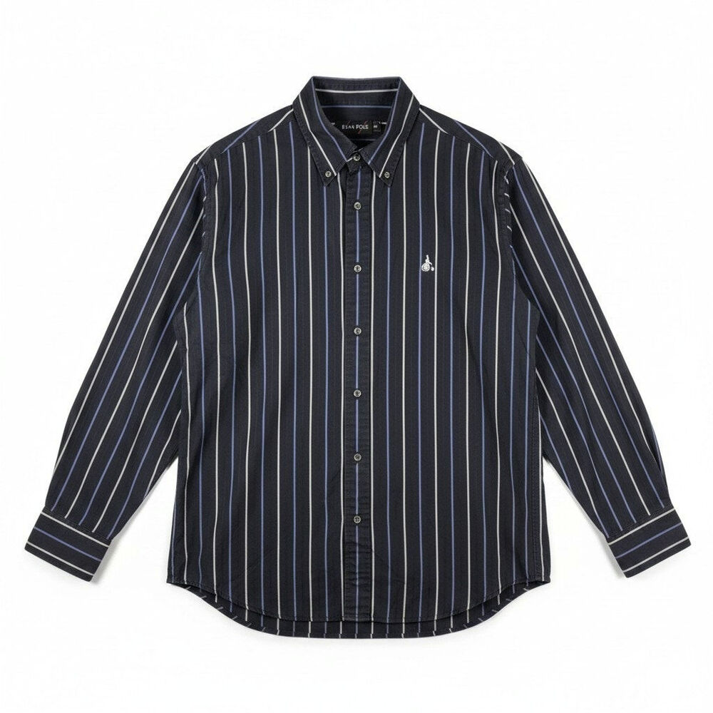 VTG 90s Bean Pole Mens Striped Button Down Shirt Blue Korea Ivy League Academia